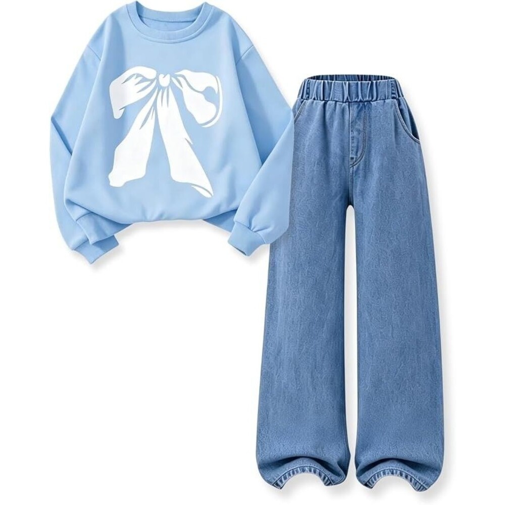 Girls 2 Piece Bow Sweatshirt & Straight Leg Jeans Denim Outfit Set Size 7-14Y
